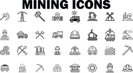 Mining and Industry Line Icons Set  Editable Stroke Vector Collection