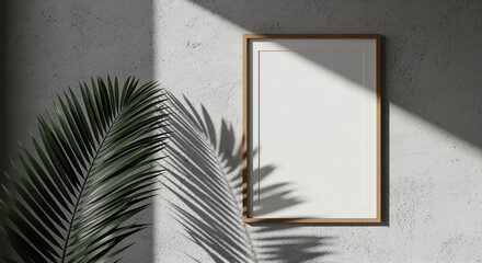 Vertical wooden framed picture mockup on a textured concrete wall with natural sunlight and palm leaf shadow