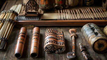 Artistic arrangement of traditional Thai musical instruments made from recycled materials, showcased with dramatic lighting to enhance their beauty.