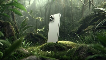Modern phone in lush jungle setting