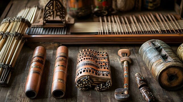 Artistic arrangement of traditional Thai musical instruments made from recycled materials, showcased with dramatic lighting to enhance their beauty.