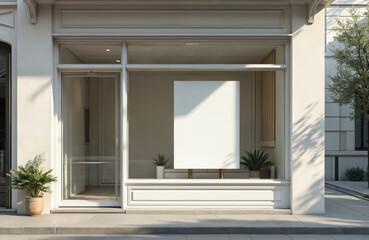 Empty shop window display in city setting. Blank space for advertising, product showcase. Commercial retail business concept. Urban storefront, building facade, street, sunlight.