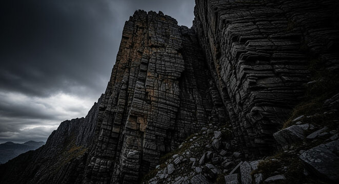 Imposing rugged mountains under dramatic dark cloudy sky - Powered by Adobe