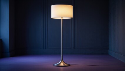 Illuminated floor lamp with a white shade standing in a room with dark blue walls and purple floor
