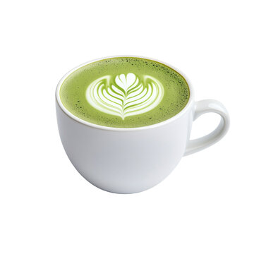 Isolated cup of matcha latte with intricate art on transparent background artistic drink photography minimalist style