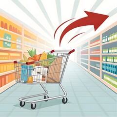 Shopping Cart in Supermarket Aisle