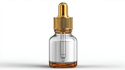 Clear glass dropper bottle with gold cap, showcasing essential oil against a white background