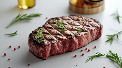 Close up of grilled steak with rosemary and red peppercorns on a white surface with oil in background