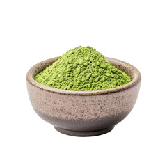 Bright green match powder in a small ceramic bowl a transparent background for culinary use
