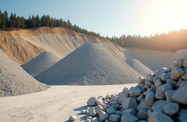 Open pit mining operation landscape. Piles construction stone materials. Industrial extraction of minerals, resources. Large mountain of crushed stone. Building materials production industry. Quarry,