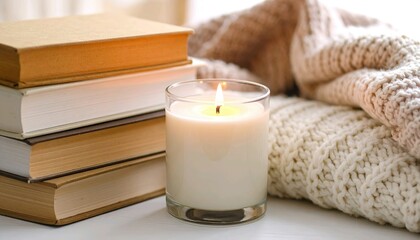 Cozy Home Scene with Candle, Books, and Blanket – Warm Ambient Light, Peaceful Interior Setting