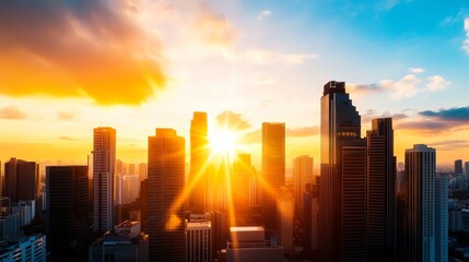 Fototapeta premium Sunrise illuminates the cityscape, casting golden light over buildings and creating a vibrant skyline against the partly cloudy sky.