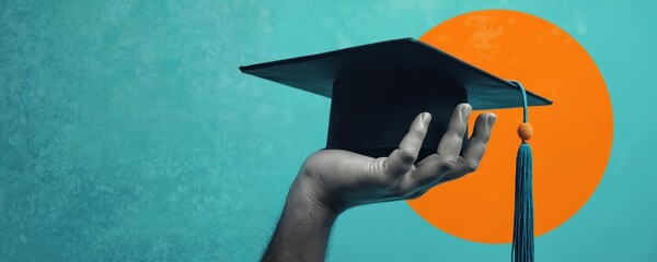 Hand holds graduation cap against vibrant blue orange background. Concept academic success education. University degree achieved. Students celebrating college graduation. Creative art, modern college