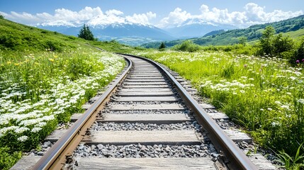 Obraz premium Scenic railway tracks curve gently through a vibrant meadow, leading towards majestic snow-capped mountains under a bright summer sky
