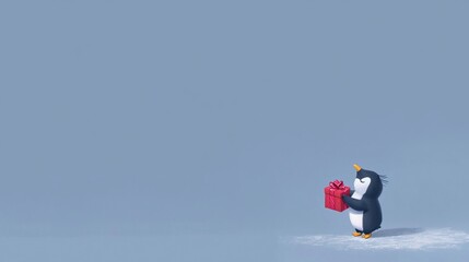 Obraz premium Penguin Holding Gift with Winter Scene.