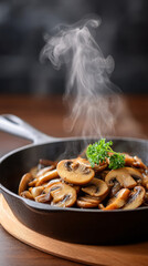Delicious sautéed mushrooms in skillet with steam rising for culinary presentation