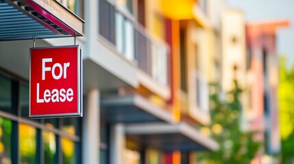 Fototapeta premium Modern apartment building with for lease sign in focus, urban real estate rental property and commercial space vacancy concept.
