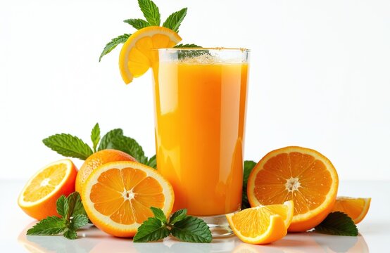 Refreshing image of orange smoothie with mint leaves garnish. Drink in tall glass, cut orange slices. Ideal for healthy eating promotion, detox, cocktail bars menus, lifestyle blogs. Fresh, organic, - Powered by Adobe