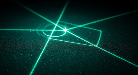 Vibrant green laser light beams illuminating a dark textured surface with abstract digital patterns