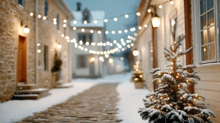Fototapeta premium Magical winter evening with twinkling lights and decorated christmas tree in snowy alley