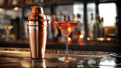 video of A martini cocktail served alongside a copper cocktail shaker, presented in a martini glass - Powered by Adobe