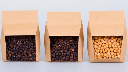 Coffee beans with soy beans, and paper bags.