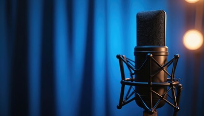 Pro studio microphone with blue background. Vocal recording equipment for podcasts, radio, music, voice-over projects. Modern podcasting technology, studio audio production. Sound engineering, media,