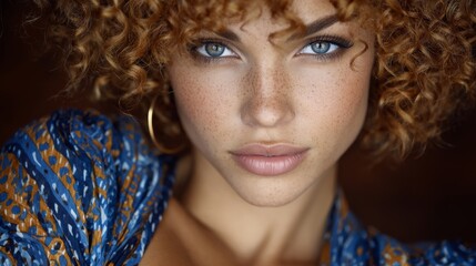 Fototapeta premium Close-up portrait of a young woman with curly hair and striking blue eyes