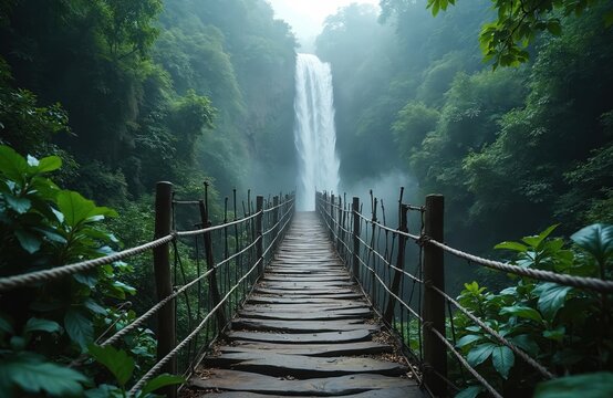 Fototapeta Old rope bridge crossing misty jungle waterfall. Wooden bridge leads to waterfall. Lush green tropical rainforest, misty landscape. Exotic travel destination, scenic adventure scene.