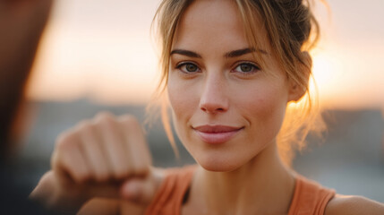 Confident exercise routine on rooftop at sunset for fitness inspiration and motivation