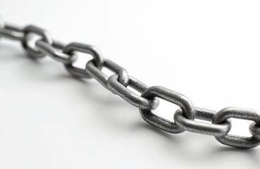 Obraz premium Silver chain links on white background. Metallic steel links interlocked, macro detail of texture, industrial construction hardware. Security strength connection, teamwork, collaboration, support,
