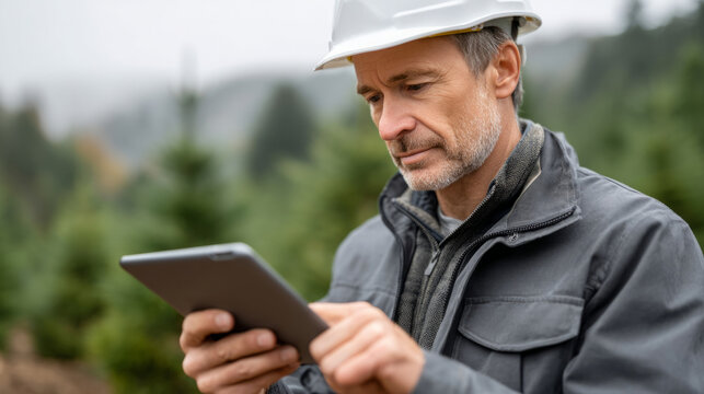 Engineer utilizing tablet for reforestation mapping in forested area - Powered by Adobe