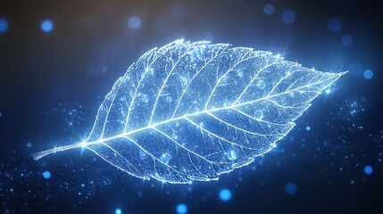 Glowing leaf, intricate veins, water droplets, illuminated