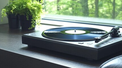 Vinyl record player with window view.