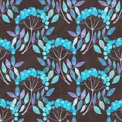 Pattern with blue rowan branches on brown textured background. Print for women wear, wrapping paper, cosmetics, home textile