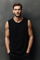 Fototapeta premium A confident young man with a muscular build, wearing a sleeveless black shirt tank top mockup, standing against a gray wall. He has a relaxed posture with hands in pockets.