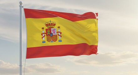 Obraz premium The national flag of Spain waving in the morning breeze with a clear, pastel-toned sky in the background. Realistic and centered.
