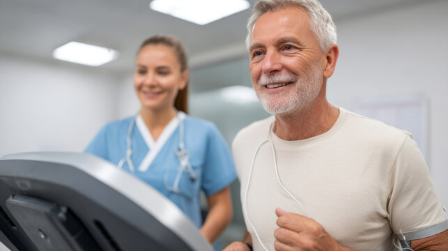 Medical checkup: man undergoing vascular assessment on treadmill in clinic