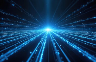 Abstract illustration of blue lines converging to luminous beam against dark background. Modern tech design, digital artwork, energy flow. Ideal for websites, tech concepts, data transfer themes.