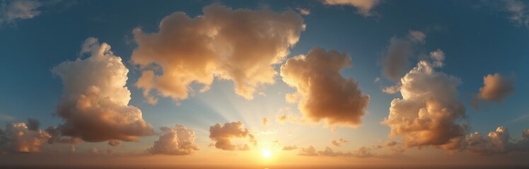 Obraz premium Stunning golden sunset sky panoramic view with Cumulus clouds. Seamless HDR spherical equirectangular projection for 3D visualization. Sun rays shine through fluffy clouds. Perfect for game sky