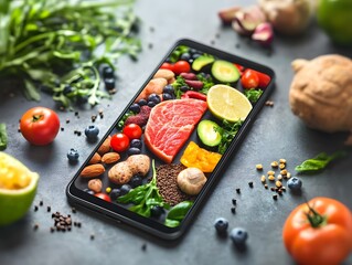 A phone screen displays a comparison of nutritional values between various food items, highlighting their caloric content and nutrients.