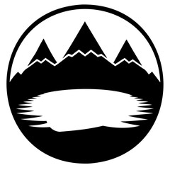 Three mountains with snow peaks reflected on a lake inside a circle in black and white illustration
