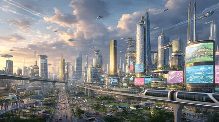 Fototapeta premium Futuristic Cityscape A Vision of Tomorrow's Urban Metropolis, Featuring Flying Vehicles and Advanced Technology