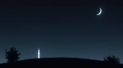 Naklejka premium Night sky with crescent moon, and lone tower.