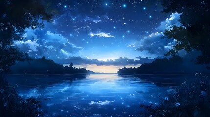 A serene evening scene with a starry sky reflected on calm waters.