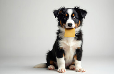 Cute border collie puppy holding gold credit card in mouth isolated on white background. Funny dog waits online sale. Finance, banking, shopping, investment concept. Pet shop.
