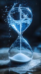 An hourglass filled with water flowing down, representing the critical need for water conservation and environmental awareness.