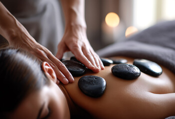 Mujer acostada recibe masaje con piedras calientes en la espalda en ambiente de spa relajante.Sanación natural, equilibrio energético, relajación profunda,
