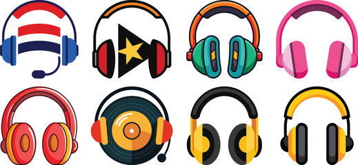Headphones, microphone, laptop, equalizer, speech bubbles. Podcast recording and listening, broadcasting, online radio, audio streaming service Concept. Hand drawn Vector set. Isolated elements
