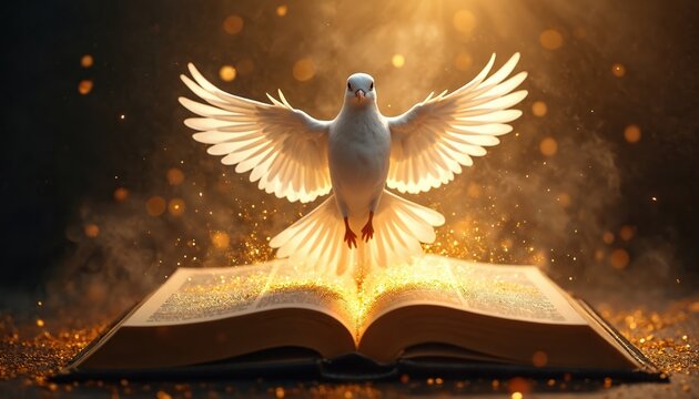 White dove with outstretched wings hovers over open bible, symbol of Holy Spirit. Religious concept of faith, divine inspiration. Spiritual scene with gold sparkles, representing heavenly grace.